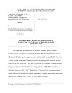 IN THE CHANCERY COURT OF THE STATE OF TENNESSEE TWENTIETH JUDICIAL DISTRICT, DAVIDSON COUNTY STATE OF TENNESSEE, ex rel., PAULA A. FLOWERS, Commissioner of Commerce and Insurance for the State of Tennessee,