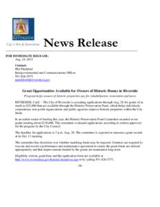 News Release FOR IMMEDIATE RELEASE: Aug. 24, 2015 Contact: Phil Pitchford Intergovernmental and Communications Officer