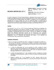 DECISIÓN AMPARO ROL C57-11  Entidad pública: Corporación Municipal para el Desarrollo Social de Villa Alemana. Requirente: Carlos Muñoz Obreque.