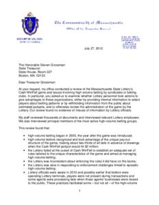 Massachusetts State Lottery Cash WinFall game review-Letter to State Treasurer, July 27, 2012