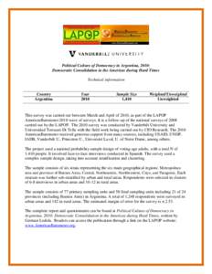 Political Culture of Democracy in Argentina, 2010: Democratic Consolidation in the Americas during Hard Times Technical information Country Argentina