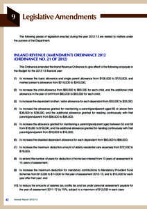 9 legislative amendments The	following	pieces	of	legislation	enacted	during	the	year	2012-13	are	related	to	matters	under	 the	purview	of	the	Department. inland Revenue (amendment) oRdinanCe[removed]oRdinanCe no. 21 oF 201