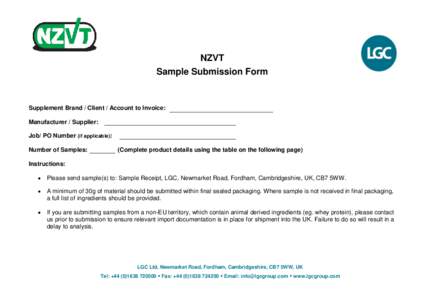 NZVT Sample Submission Form Supplement Brand / Client / Account to Invoice: Manufacturer / Supplier: Job/ PO Number (if applicable):