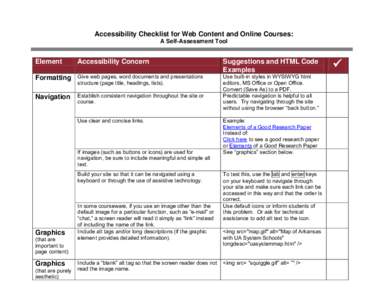 Accessibility Checklist for Web Content and Online Courses: A Self-Assessment Tool Element  Accessibility Concern