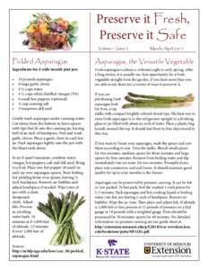 Preserve it Fresh, Preserve it Safe Volume 1, Issue 2 Pickled Asparagus
