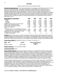 70  GYPSUM (Data in thousand metric tons unless otherwise noted) Domestic Production and Use: In 2012, domestic production of crude gypsum was estimated to be 9.9 million tons with a value of about $69.3 million. The lea