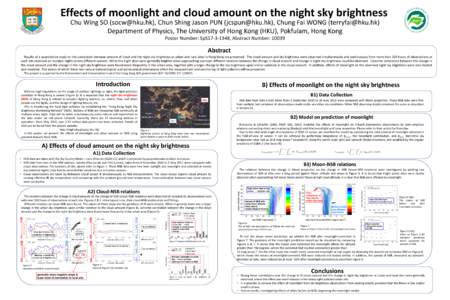 Effects of moonlight and cloud amount on the night sky brightness Chu Wing SO ([removed]), Chun Shing Jason PUN ([removed]), Chung Fai WONG ([removed]) Department of Physics, The University of Hong Kong (HKU)