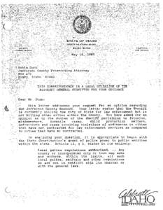 ar Mr. Dunn: is letter addresses your request for an opinion regarding ferson County Sheriff. Your letter states that the Sheriff s currently billing the city of Ririe for law enforcement but is ot billing other cities w