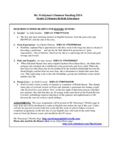 Mr. Prettyman’s Summer Reading 2014: Grade 12 Honors British Literature REQUIRED SUMMER READING FOR HONORS SENIORS: 1. Grendel—by John Gardner ·