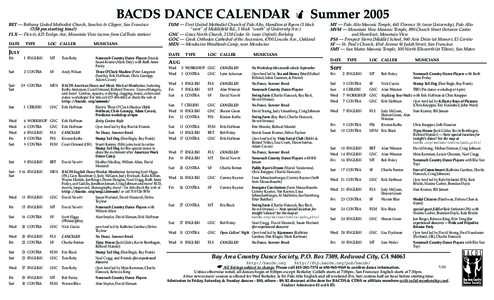 BACDS DANCE CALENDAR  Summer 2005 BET — Bethany United Methodist Church, Sanchez & Clipper, San Francisco (7:30 pm starting time!) FLX — Flex-it, 425 Evelyn Ave, Mountain View (across from CalTrain station) DATE