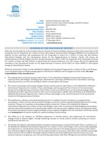 Title: Assistant Programme Specialist Domain: Culture of Peace, Intercultural Dialogue and Non-Violence, Grade: Organizational Unit: Duty Station: