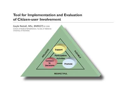 Tool for Implementation and Evaluation of Citizen-user Involvement Gayle Restall, MSc, BMR(OT) © 2008 School of Medical Rehabilitation, Faculty of Medicine University of Manitoba