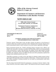 Office of the Attorney General Robert E. Cooper, Jr. Department of Commerce and Insurance Commissioner Leslie Shechter Newman  NEWS RELEASE