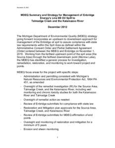 MDEQ Summary and Strategy for Management of Enbridge Energy’s Line 6B Oil Spill to Talmadge Creek and the Kalamazoo River