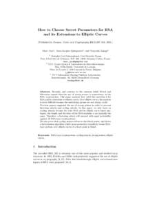 How to Choose Secret Parameters for RSA and its Extensions to Elliptic Curves [Published in Designs, Codes and Cryptography 23(3):297–316, Marc Joye1, Jean-Jacques Quisquater2 , and Tsuyoshi Takagi3 1