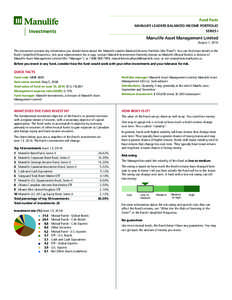 Fund Facts MANULIFE LEADERS BALANCED INCOME PORTFOLIO Investments  SERIES I