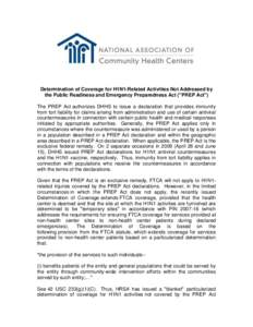 Determination of Coverage for H1N1-Related Activities Not Addressed by the Public Readiness and Emergency Preparedness Act (