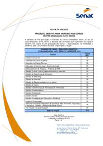 EDITAL Nº PROCESSO SELETIVO PARA INGRESSO NOS CURSOS DE PÓS-GRADUAÇÃO LATO SENSU A Diretoria de Pós-graduação e Extensão do Centro Universitário Senac, no uso de suas atribuições, torna pública a abe