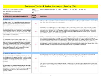 Tennessee Textbook Review Instrument: Reading (K-8) Publisher: Benchmark Education Company Title of program: Benchmark Literacy Edition: ____ Program category (choose one): _X__ Basal ___ Co-basal ___ Alt. level: high __