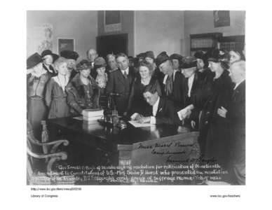 Gov[ernor] Emmett D. Boyle of Nevada signing resolution for ratification of Nineteenth Amendment to Constitution of U.S. - Mrs. Sadie D. Hurst who presented the resolution, Speaker of the Assembly D.J. Fitzgerald and gro