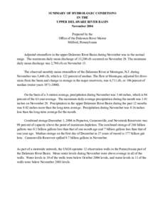 SUMMARY OF HYDROLOGIC CONDITIONS IN THE UPPER DELAWARE RIVER BASIN November 2004 Prepared by the Office of the Delaware River Master