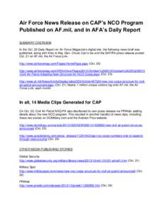 Air Force News Release on CAP’s NCO Program Published on AF.mil, and in AFA’s Daily Report SUMMARY OVERVIEW In the Oct. 23 Daily Report on Air Force Magazine’s digital site, the following news brief was published, 