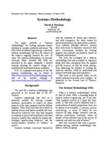 Presented at the CSER Conference, Stevens University, 24th March[removed]Systems Methodology Derek K Hitchins Retired Salisbury, UK