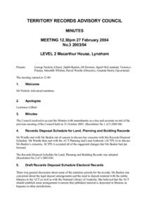 Territory Records Advisory Council Minutes Meeting 27 February 2004