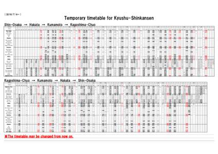 [ ～ ]  Temporary timetable for Kyushu-Shinkansen Shin-Osaka　→　Hakata　→　Kumamoto　→　Kagoshima-Chuo Attention Stations