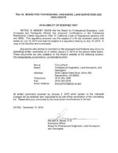 BOARD FOR PROFESSIONAL ENGINEERS, LAND SURVEYORS, AND GEOLOGISTS Modified Text Changes to the originally proposed language are shown by double underline for new text, double strikeout for deleted text, and italics and b