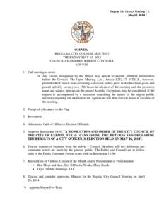 Regular City Council Meeting 1 May 15, 2014 AGENDA REGULAR CITY COUNCIL MEETING THURSDAY MAY 15, 2014