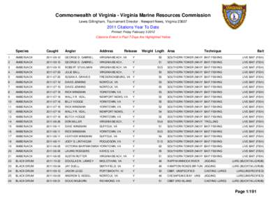 Commonwealth of Virginia - Virginia Marine Resources Commission Lewis Gillingham, Tournament Director - Newport News, Virginia[removed]Citations Year To Date Printed: Friday February[removed]Citations Enterd in Past 7 