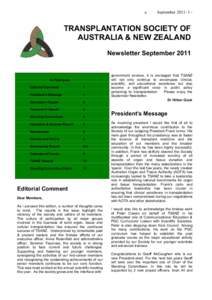September 2011­ 1 ­   TRANSPLANTATION SOCIETY OF  AUSTRALIA & NEW ZEALAND  Newsletter September 2011