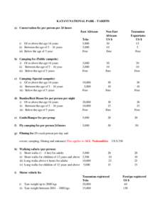 KATAVI NATIONAL PARK - TARIFFS a) Conservation fee per person per 24 hours East Africans i) Of or above the age 16 years ii) Between the age of 5 – 16 years