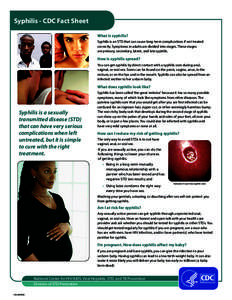 Syphilis - CDC Fact Sheet What is syphilis? Syphilis is an STD that can cause long-term complications if not treated correctly. Symptoms in adults are divided into stages. These stages are primary, secondary, latent, and