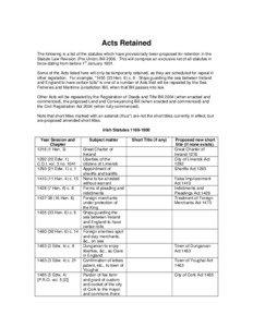 Acts Retained The following is a list of the statutes which have provisionally been proposed for retention in the Statute Law Revision (Pre-Union) Bill[removed]This will comprise an exclusive list of all statutes in