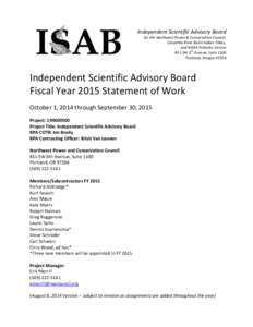 Independent Scientific Advisory Board for the Northwest Power & Conservation Council, Columbia River Basin Indian Tribes, and NOAA Fisheries Service th 851 SW 6 Avenue, Suite 1100