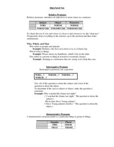 PRONOUNS Relative Pronouns Relative pronouns introduce an adjectives or noun clause in a sentence. Subject Object Possessive