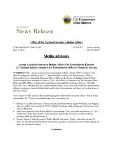    Office of the Assistant Secretary-Indian Affairs FOR IMMEDIATE RELEASE May 2, 2012