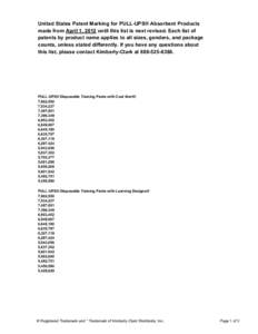 United States Patent Marking for PULL-UPS® Absorbent Products made from April 1, 2012 until this list is next revised. Each list of patents by product name applies to all sizes, genders, and package counts, unless state