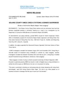 OFFICE OF PUBLIC AFFAIRS 1625 North Market Boulevard, Suite N-323, Sacramento, CA[removed]P[removed]F[removed] | www.dca.ca.gov NEWS RELEASE FOR IMMEDIATE RELEASE