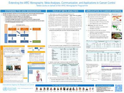 Extending the IARC Monographs: Meta-Analyses, Communication, and Applications to Cancer Control Neela Guha on behalf of the IARC Monographs Programme EXTENDING THE IARC MONOGRAPHS  The IARC Monographs: systematic revi