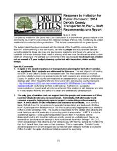 Response to Invitation for Public Comment: 2014 DeKalb County Transportation Plan – Draft Recommendations Report May 9, 2014