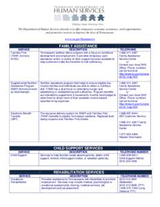 The Department of Human Services mission is to offer temporary economic assistance, work opportunities, and protective services to improve the lives of Tennesseans. www.tn.gov/humanserv  FAMILY ASSISTANCE