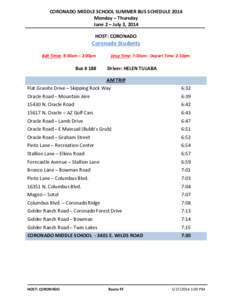 CORONADO MIDDLE SCHOOL SUMMER BUS SCHEDULE 2014 Monday – Thursday June 2 – July 3, 2014 HOST: CORONADO  Coronado Students