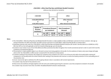 eircom Price List (Amendment Nopromotion - eTalk 2014 + eFibre Dual Play New and Winback Bundle Promotion (effective fromto)