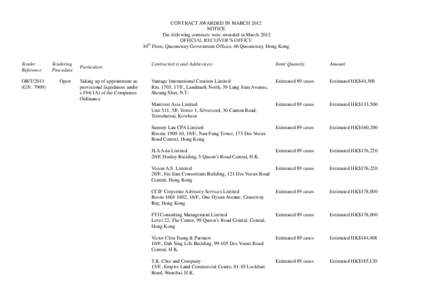 CONTRACT AWARDED IN MARCH 2012 NOTICE The following contracts were awarded in March 2012 OFFICIAL RECEIVER’S OFFICE 10th Floor, Queensway Government Offices, 66 Queensway, Hong Kong