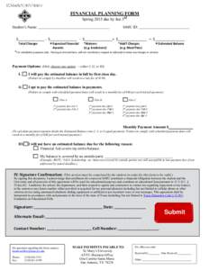 FINANCIAL PLANNING FORM Spring 2015 due by Jan 3rd Student’s Name: $
