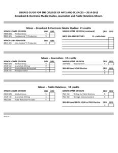 DEGREE GUIDE FOR THE COLLEGE OF ARTS AND SCIENCES[removed]Broadcast & Electronic Media Studies, Journalism and Public Relations Minors Minor -- Broadcast & Electronic Media Studies: 21 credits MINOR LOWER DIVISION I