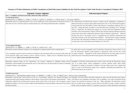 Summary of Written Submissions on Public Consultation on Draft Enforcement Guidelines for the Trade Descriptions (Unfair Trade Practices) (Amendment) Ordinance 2012 Respondents’ Comments / Suggestions Enforcement Agenc